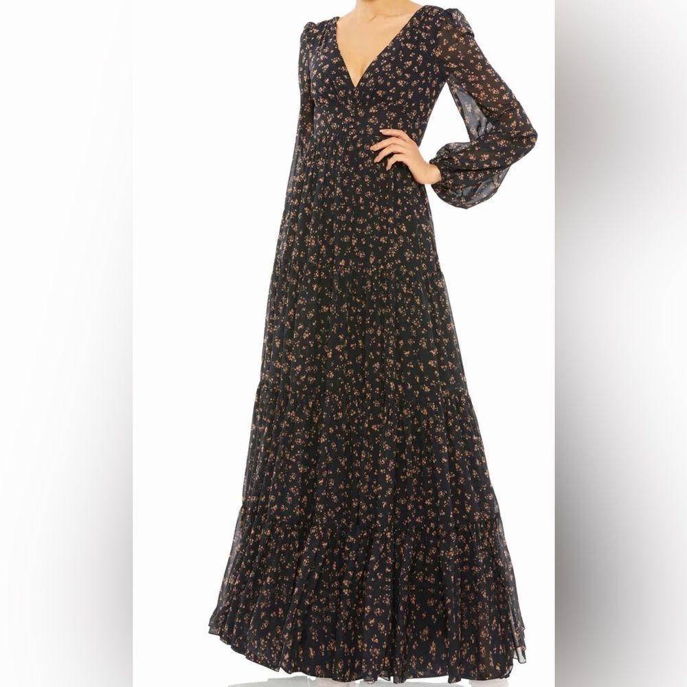Ieena for Mac Duggal Size 0 Black Floral  Peasant Maxi Dress   NWT